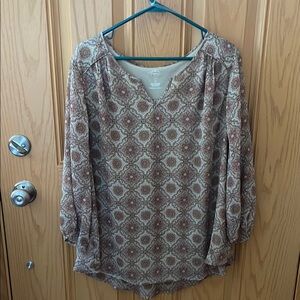 St. John's Bay Cream and Brown 3/4 Sleeve Graphic Blouse